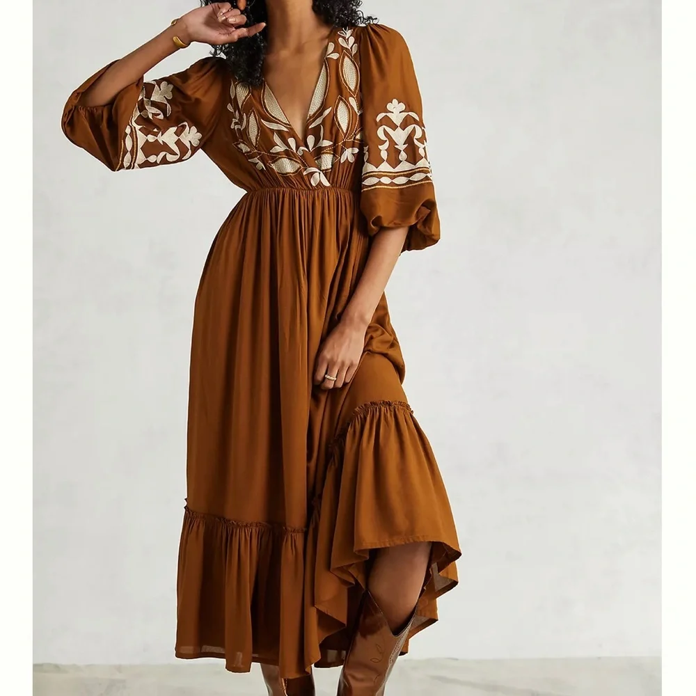 Anthropologie Boho Maxi Dress NWT Rich Brown Embroidered So Perfect & Stunning! - Picture 2 of 12